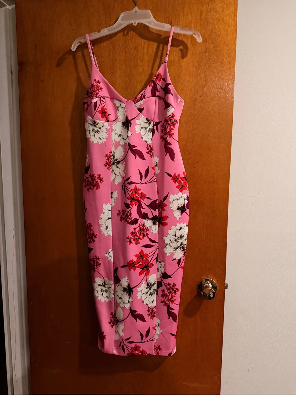 Floral Pink Slip Midi Dress with Spaghetti Straps